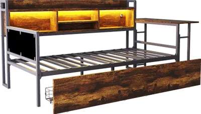 Produktbild von Flieks Schlafsofa Metallbett 90x200cm mit 2 Schubladen, Jugendbett Einzelbett mit Schreibtisch und Ladefunktion, Tagesbett mit Led, Naturbelassen