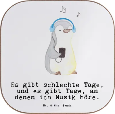 Produktbild von Mr. & Mrs. Panda Holzuntersetzer Pinguin Musik hören - Weiß - Geschenk, Untersetzer Kaffee, Lieblingssong, Gläser, Coaster, Tasse, gläseruntersetzer, für