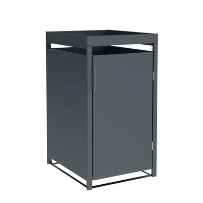 A dark gray metal trash can enclosure with a door and a planter box on top, shown against a white background.