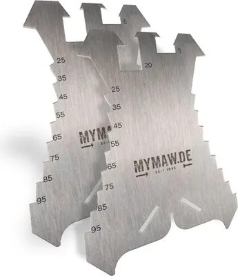 Two metal templates with measurement markings and a brand logo.