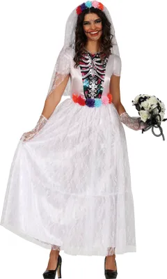 Produktbild von Tag Der Toten Braut Halloween Kostüm Blumen Schleier Skelett Design Requisite Festliche Verkleidung Fasching Weiß, Größe: 38 - 40 (M) Farbe: Weiß