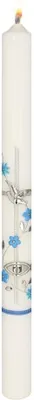 Produktbild von Taufkerze 400 x Ø 35 mm in Weiß silbernes Kreuz, blaue Blüten und Namensverzierung
