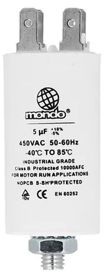 A white capacitor with electrical specifications printed on it.