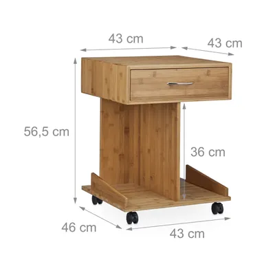 Immagine prodotto di Tavolino Relaxdays con rotelle ROLLI in bambù, cassetto, 2 ripiani per libri, A x L x P: ca. 56,5 x 43 x 46 cm, colore naturale