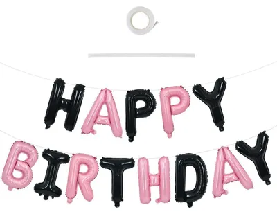 Immagine prodotto di Palloncini a forma di lettera per "Buon Compleanno", 40,6 cm, in mylar, neri e rosa chiaro, confezione da 15 pezzi
