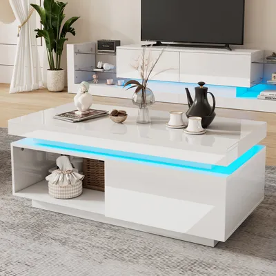 Produktbild von MODFU Rechteckiger Hochglanz- Couchtisch mit LED-Beleuchtung für Wohnzimmer, Schlafzimmer, Beistelltisch mit Schublade, Weiß