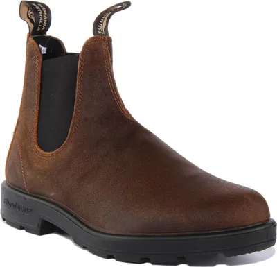 A single brown leather boot is shown against a white background.