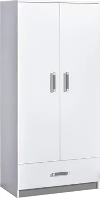 Produktbild von Furniture24 Kleiderschrank TRAFIKO 01, 2 Türiger Drehtürenschrank, Schrank mit Kleiderstange und Schublade für Jugendzimmer, Kinderzimmer Weiß/Grau