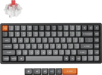 A mechanical keyboard switch and a keyboard are shown against a white background.