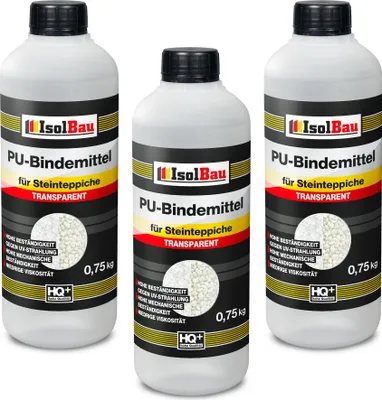 Produktbild von Isolbau - 1 K PolyurethanBindemittel für Steinteppich - 3 x 0,75 kg - Transparent - Hervorragende Haftung &Elastizität - Gebrauchsfertig - für Innen- und Außenbereich - Treppen, Balkonen, Garten, Wegen