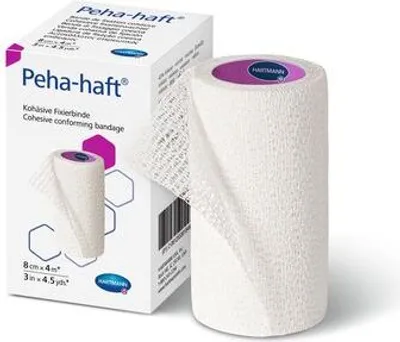 A product shot of a roll of cohesive conforming bandage and its packaging.