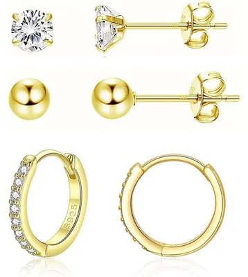 Produktbild von Creolen & Ohrstecker Set 3 Paar 925 Sterling Silber Zirkonia 5mm & 14mm Gelbgold Plattiert