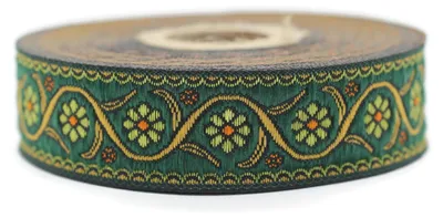 Produktbild von Jacquard-Webband – Bohème-Blumenmuster – Gelb und Dunkelgrün – 10 Meter x 22 mm