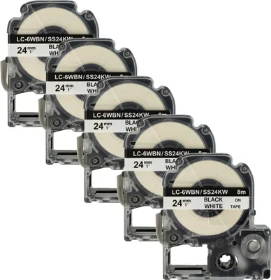 Produktbild von vhbw 5x Schriftband-Kassette kompatibel mit Epson LabelWorks LW-700, OK200, LW-900P, OK720, OK300, OK500P Etiketten-Drucker 8m x 24mm Schwarz auf Weiß