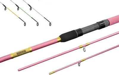 A pink fishing rod with gold accents and the word "Queen" printed on it, shown against a white background. Several other fishing rods in different colors are visible in the background.