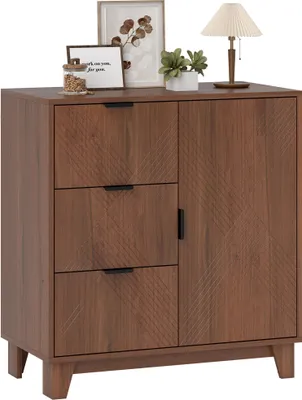 Image de HOMCOM Buffet salon meuble de rangement armoire de cuisine avec placard à porte 3 tiroirs et étagère réglable buffet salle à manger et salon, 75 x 39 x 80 cm, effet bois marron