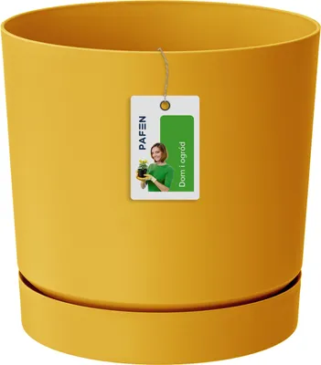 A yellow flower pot with a saucer and a tag attached.
