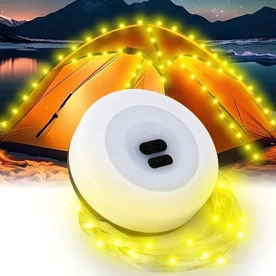 Produktbild von Wasserfeste, oprolbare Campinglichtkette, 10 m lang, LED-Beleuchtung, für Innenhof, draagbar, für Außen.