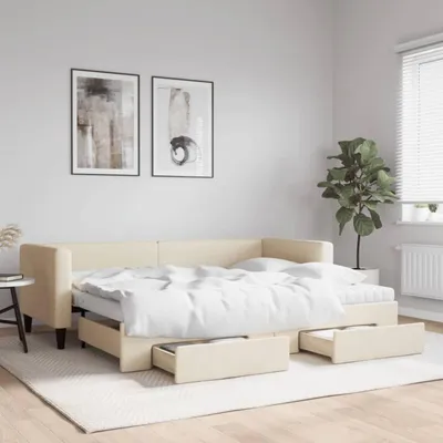 Obrázok produktu pre Rozťahovacia posteľ do obývačky, 80x200 cm, krémová látka, s úložným priestorom a matracom
