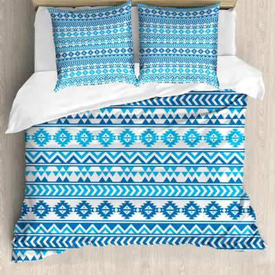 Produktbild von ABAKUHAUS Stammes Bettbezug Set, Aztekisches Muster mit Ureinwohner-geometrischem Volkskulturformen-ursprünglichem Bild, 200 x 200 cm + 80 x 80 cm, Blau Weiss