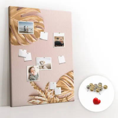 Obrázek produktu pro Korková nástěnka s kolíčky - Tabule s kolíky pro fotografie a poznámky - 100x140 cm - Připínáčky kovové 100 kusů - Zlatý list