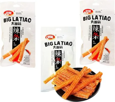 Produktbild von WEILONG Big Latiao 3 x 106g | Scharfer Weizensnack | Hot & Spicy | Würzige Chinesische Snacks | Spicy Sticks Scharfe Stangen Vegan Halal