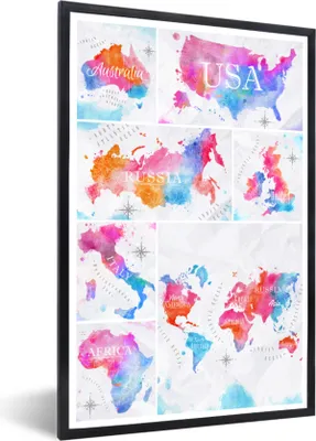 Produktbild von MuchoWow® Gerahmtes Poster Karten - Collage - Aquarell 20x30 cm - Poster mit Schwarzem Bilderrahmen Wandposter Rahmen Foto Bilder - Drucken - Bilder Poster im Rahmen