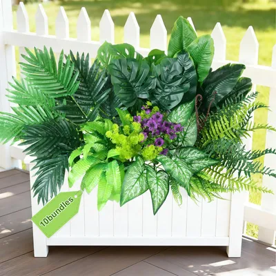 Produktbild von Künstliche Gartenpflanzen, grüne Kunstpflanzen, Balkonpflanzen, künstliche Blumen, 10 Bündel künstlicher Bostonfarn, Monstera-Palme, Paradiesvogelblume, tropische Pflanzen, UV-beständig für Balkon und Garten