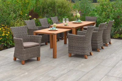 Produktbild von Merxx Gartenmöbelset "Toskana" 9tlg. mit Flex Ausziehtisch 185/370 x 90 cm, inkl. Kissen - Aluminiumgestell mit Kunststoffgeflecht Natur und Akazienholz