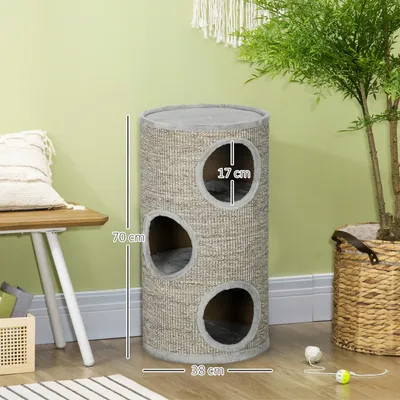 Obrázek produktu pro PawHut, kočičí škrábací věž s 3 úkryty, hrací věž pro kočky, světle šedá barva