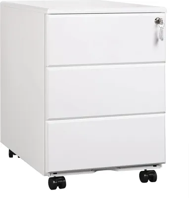 Produktbild von Metall-Aktenschrank - Rollcontainer mit 3 Schubladen - Abschließbar - Mit Rollen - Verstellbare Hängeregistratur - 39 x 52,4 x 54 cm - Weiß