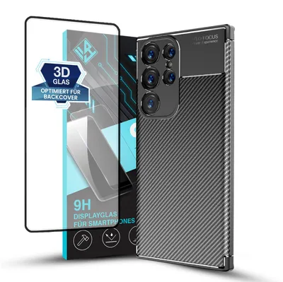 Produktbild von Handy Hülle für Samsung Galaxy S24 Ultra mit 9H Displayglas Displayschutz Carbon Look Cover Case Schutzhülle Farbe: Schwarz