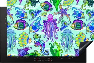 Produktbild von KitchenYeah© Herdabdeckplatte Tiere - Regenbogen - Fische - Muster , 81x52cm, Küche Deko, Glaskeramikkochfeld Herdabdeckung, Abdeckplatte fùr Kochfeld