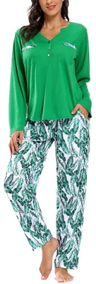 Produktbild von Damen-Schlafanzug-Set Langarmshirt Hose Blätter Grün M