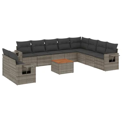 Produktbild von Modulares Garten-Loungeset, 11-teilig, mit Stauraum, Kissen, Akazienholz-Tischplatte, Poly Rattan Grau, UV-beständig