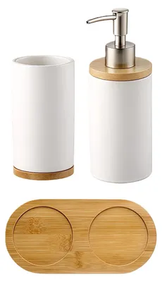 Image de Ensemble d'accessoires de salle de bain, ensemble d'accessoires de salle de bain en céramique, distributeurs de shampoing, de lotion et de savon pour les mains, comprenant un porte-brosse à dents, un distributeur de savon à pompe et un gobelet pour brosse à dents, 400 ml (blanc)