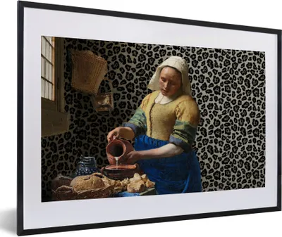 Produktbild von MuchoWow® Gerahmtes Poster Milchmädchen - Kunst - Pantherdruck - Vermeer - Gemälde - Alte Meister 60x40 cm - Poster mit Schwarzem Bilderrahmen Wandposter Rahmen Foto Bilder - Schlafzimmer - Plakat in Rahmen - Drucken