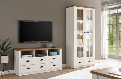 Produktbild von Landhaus Wohnwand Mediawand Anbauwand Wohnzimmer 220cm pinie weiß eichefarben hell