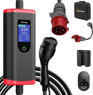 Obrázok produktu pre Nabíjací kábel pre elektromobily, typ 2 na CEE, 22 kW, 32 A, trojfázový, 5 metrov, LCD displej, nastaviteľný prúd