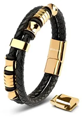 Produktbild von SERASAR Herren Armband 17cm Gold Leder Edelstahl Wickelarmband Bracelet