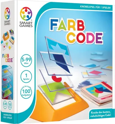 The image shows the packaging of the SmartGames Farbcode board game, with the game components and title prominently displayed.