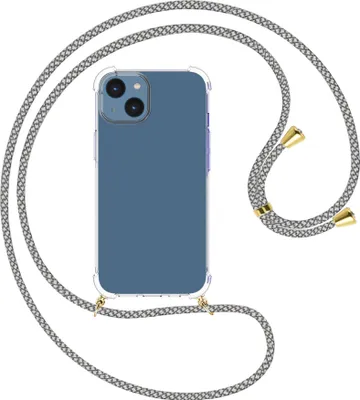 Produktbild von Handykette Backcover-Schutzhülle mit Band (Metall goldfarben) für Apple iPhone 15 - weiß/grau kariert