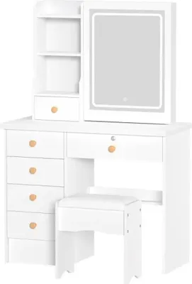 Image de Coiffeuse - Ensemble coiffeuse - Éclairage LED réglable à 3 couleurs - Miroir éclairé coulissant - 6 tiroirs - Étagères dissimulées - Avec tabouret - 80 × 36 × 132 cm - Blanc
