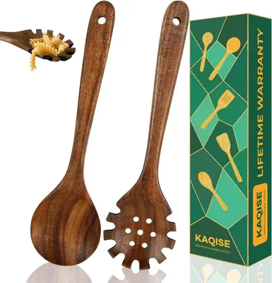Produktbild von Holzlöffel 2 Stück, Hitzebeständiges Teakholz, Nachhaltig, für Spaghetti und Suppe