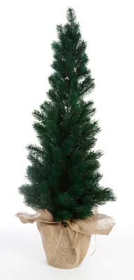 A green artificial Christmas tree in a burlap pot, set against a white background.