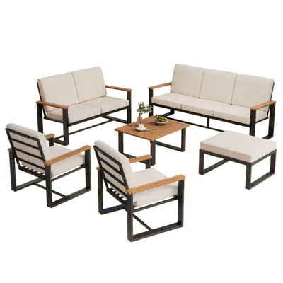 Produktbild von Gartenmöbel-Set,Garten-Loungesessel-Set(3-Sitzer-Sofa+2-Sitzer-Sofa+2 1-Sitzer-Sofas,Couchtisch+Fußhocker)Tischplatte aus Akazienholz,schlichtes Desig