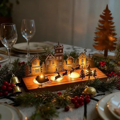 Produktbild von Famanu Adventskerzenhalter mit Holztablett, 4 Teelichthaltern, metallene Weihnachtsdekoration
