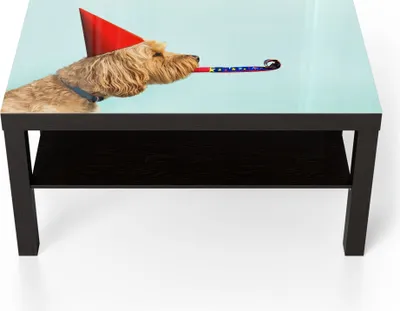 Produktbild von DEQORI Couchtisch 90x55 cm Schwarz 'Hund mit Partyaccessoires' Glas Beistelltisch