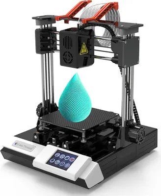 A 3D printer is shown with a cyan-colored droplet-shaped object being printed.