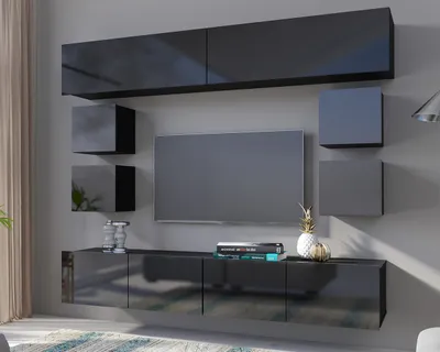 Produktbild von Wohnwand Amanda VIII, Stilvoll Anbauwand vom Hersteller, Moderne Schrankwand, Mediawand 210cm (Schwarz / Schwarz Hochglanz)